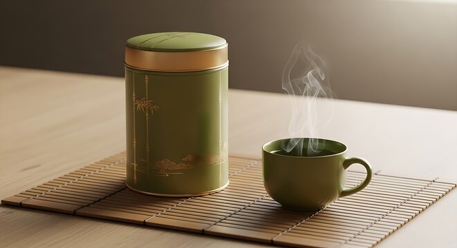 Steaming hot aromatic green tea beverage poured into a ceramic mug beside a decorative tin, showcasing serene morning ritual, natural light, and cozy atmosphere.
