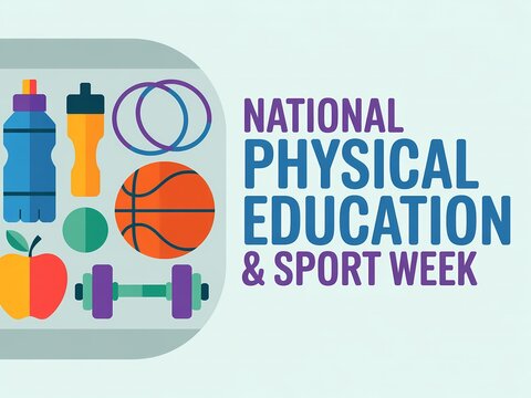 National physical education and sport week concept with fitness equipment and healthy food icons