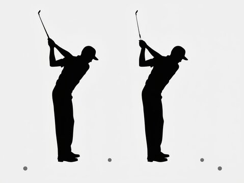 Two silhouettes of a golfer in a backswing position isolated on a plain light grey background isolated on white background