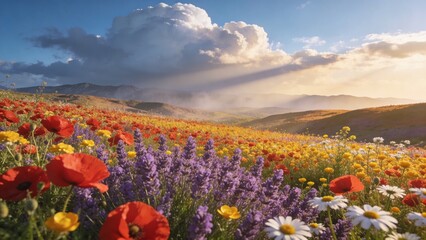 Fototapeta premium vibrant wildflower field in full bloom with mountains