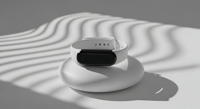 Sleek white fitness tracker with black display rests on minimalist pedestal with striking striped shadows, studio product photography, modern aesthetic