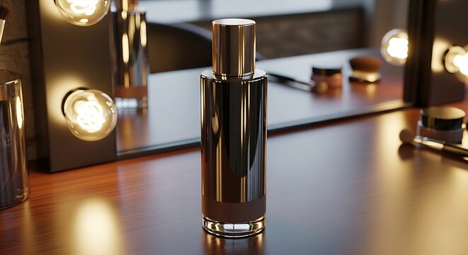 Glamorous luxury makeup bottle with shimmering metallic finish, reflecting warm vanity lights on a wooden vanity table, creating an elegant beauty preparation scene.