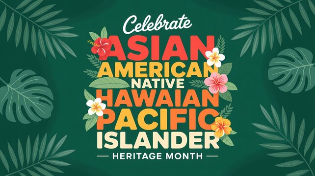 Asian american native hawaiian pacific islander heritage month celebration poster with tropical flowers and palm leaves