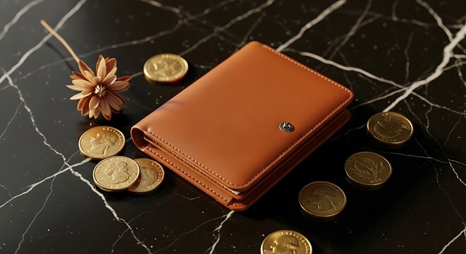 Elegant brown leather bi-fold wallet, featuring a metal snap closure, artfully arranged with gold coins and a dried floral accent on a luxurious black marble surface, emphasizing wealth and 