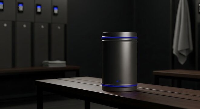 Sleek, modern dark metal protein powder container with illuminated blue accents rests on a wooden bench in a dimly lit locker room, gym, fitness, healthy lifestyle, sport.