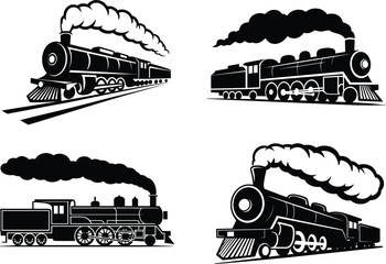 Steam train silhouettes set, vintage locomotives with smoke vector illustration isolated black railway transport collection © MdSayed