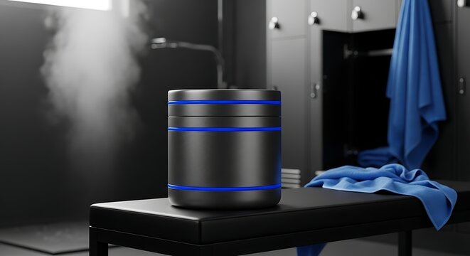 Sleek, modern cylindrical humidifier with vibrant blue LED accents, emitting a cool mist in a dimly lit, contemporary gym locker room with gym towels draped over benches.