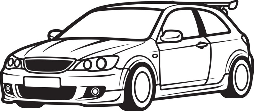A stylized black and white line art illustration of a sporty hatchback car with a rear spoiler