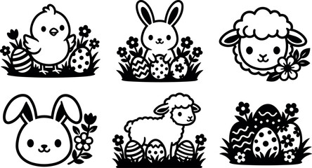Fototapeta premium Black and white cute easter eggs chick bunny and lamb vector art