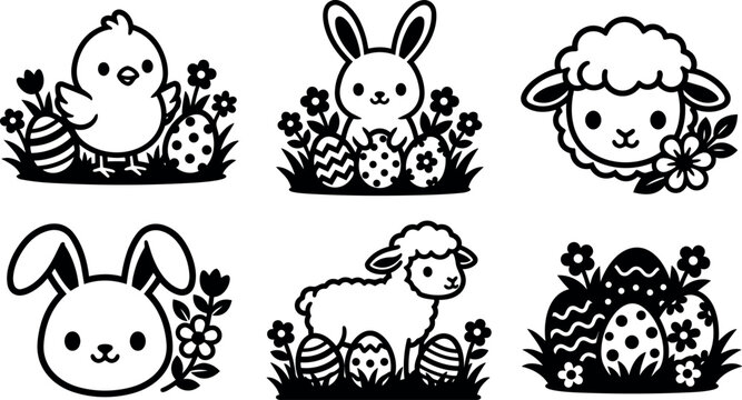 Black and white cute easter eggs chick bunny and lamb vector art