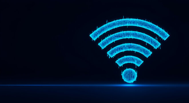 Glowing WiFi Signal Icon, Wireless Internet Connectivity Concept, Neon Blue Symbol on Dark Background, Technology Network Illustration
