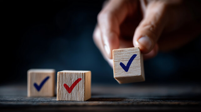 Decision Making: A hand selects a block with a check mark, symbolizing making a definitive choice and taking control of the direction.