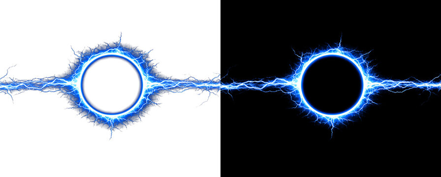Blue electric circle with horizontal lightning bolts on black background.