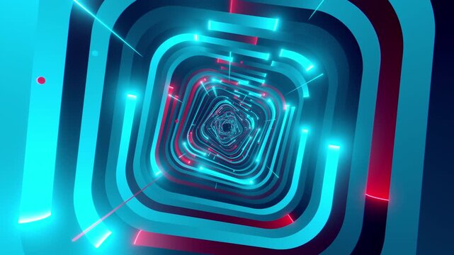 4K seamless VJ loop with abstract nested Cyan and Red square tunnel and glowing geometric lines for VJ sets, high-tech club visuals, electronic music festivals, stage screens and for LED video walls.