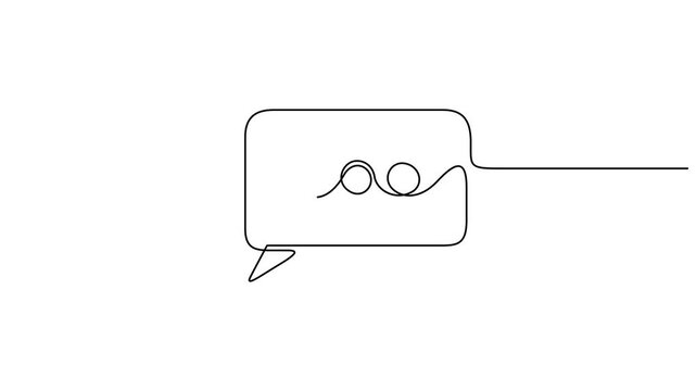 Self animated minimalist continuous line art drawing of two overlapping speech bubbles. Full length one line art animation, Continuous one line of chat bubble icon
