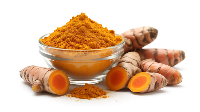 Curcumin turmeric powder in glass bowl with fresh root slices.