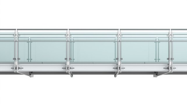 A detailed close up view of a modern stainless steel railing system with glass panel inserts used isolated on white background