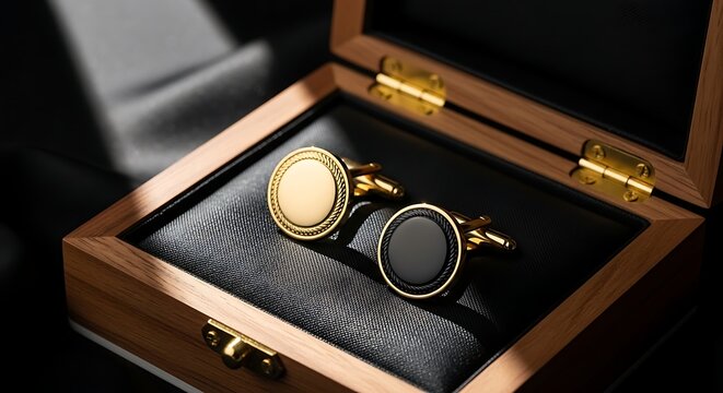 Elegant gold and black circular cufflinks presented in a luxurious wooden presentation box, showcasing fine craftsmanship and sophisticated accessory style for formal occasions.