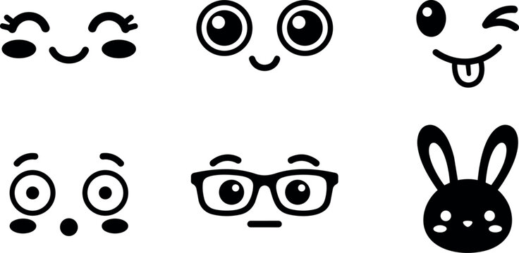 Six black and white kawaii faces including blinking winking nerd and bunny face