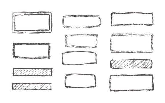 Collection of hand drawn rectangular frames and boxes with hatching rectangle