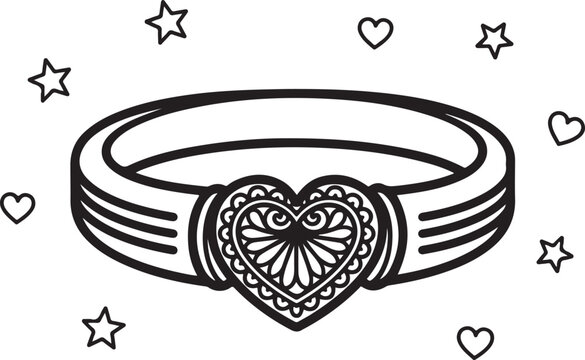Outline drawing of a claddagh ring with decorative heart surrounded by stars and hearts