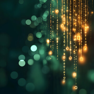 Abstract Digital Data Stream Background with Glowing Binary Code and Bokeh Lights, Representing Technology, Innovation, and Artificial Intelligence
