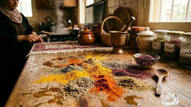 A culinary artist at work in a kitchen, a vivid assortment of spices adorns a well-worn table, infusing a sense of tradition and the allure of aromatic cuisine.