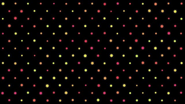 Animated Seamless Loop Pattern Of Rotating Multicolored Eight-Pointed Stars In Warm Tones On A Black Background, 4K