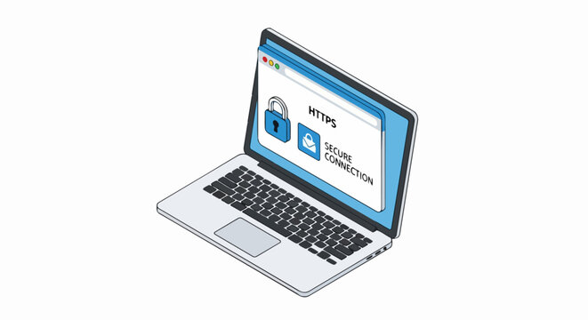 Isometric Laptop Illustration with Secure HTTPS Connection and Padlock Icon for Cyber Security Concept