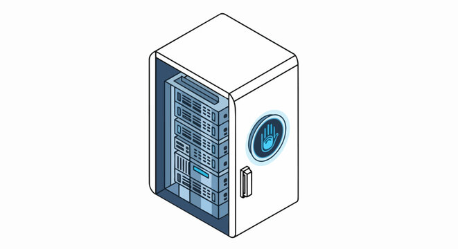 Isometric Secure Server Rack with Biometric Hand Scanner for Data Center Security and Cloud Computing Access Protection