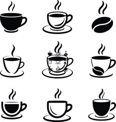 Obraz premium Collection of steaming coffee cup icons set, black silhouette mugs and espresso symbols, minimalist hot beverage illustrations for cafe branding, menu design, and vector graphics use