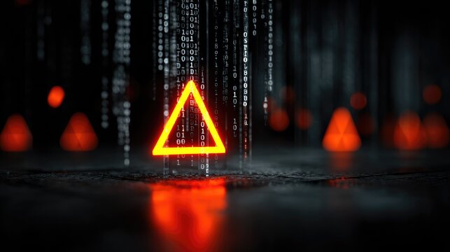 Digital Triangle with Binary Code Rain in Dark Ambient Setting Illuminated in Fiery Red and Bright Orange Hues