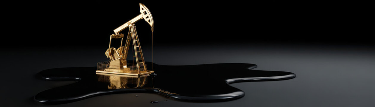 Oil pumpjack model on black oil spill representing supply chain disruption in energy industry with dark background