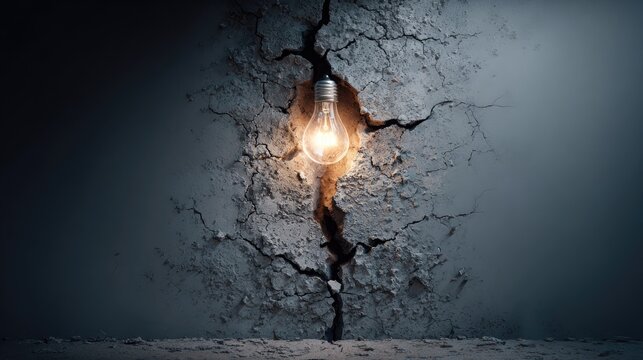 Light Bulb Illuminating Through Cracked Wall Symbolizing Hope and Creativity in Adversity