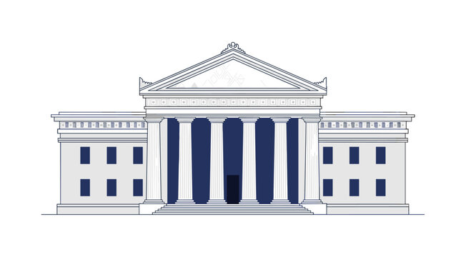 A classical building with a triangular pediment and blue-outlined columns features visible blue windows on its side wings against a white background.
