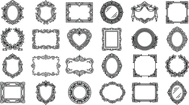 Set of ornate hand drawn decorative frames with flourishes in various shapes and vintage styles