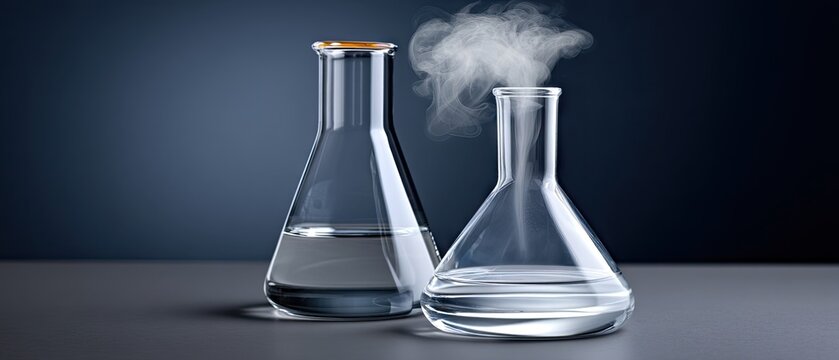 Smoke rises from an erlenmeyer flask in a laboratory setting with a volumetric flask placed close by in a clear and minimalistic style