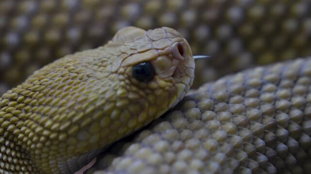 Close up of head  ofa rattlesnake  slowly moving along  in sand on a cloudy day
