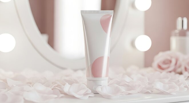 Delicate skincare cream tube rests on soft pink rose petals, illuminated by vanity mirror lights, creating a luxurious and romantic beauty product advertisement.