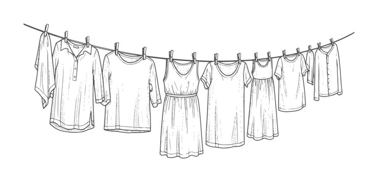 Hand drawn of various clothing drying a clothesline handdrawn laundry