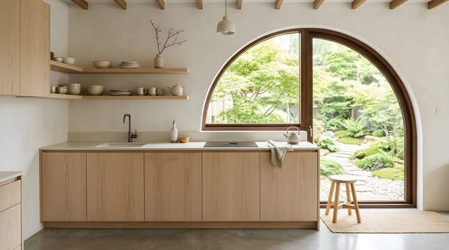 Minimalist Japandi Kitchen with Large Arched Window and Garden View