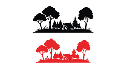 Camping scene with trees and a tent presented as a silhouette © IMkM00i76