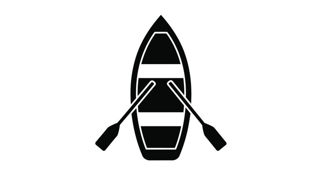 Overhead view of a black rowboat with oars distinct silhouette