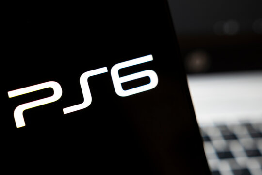 Warsaw, Poland - April 2, 2026: Close-up of the PS6 logo on a glossy black surface, symbolizing the next generation of gaming entertainment in a modern digital age.