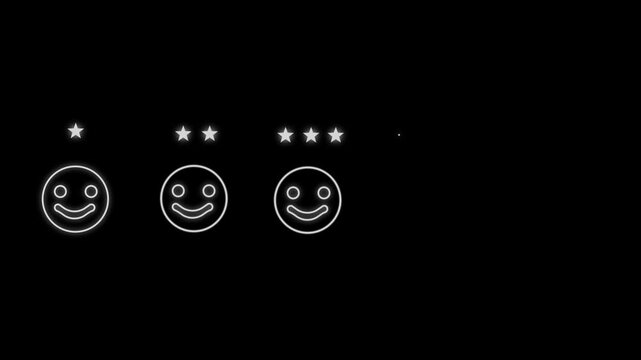 neon customer review satisfaction feedback survey concept; emoticons different levels of feedback isolated on black background