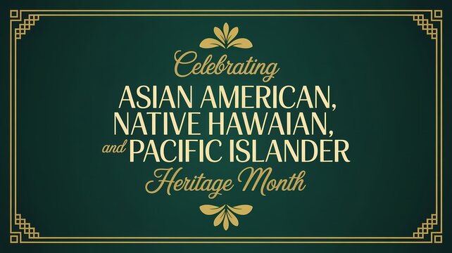 Asian american, native hawaiian, and pacific islander heritage month celebration poster with elegant gold text on dark green