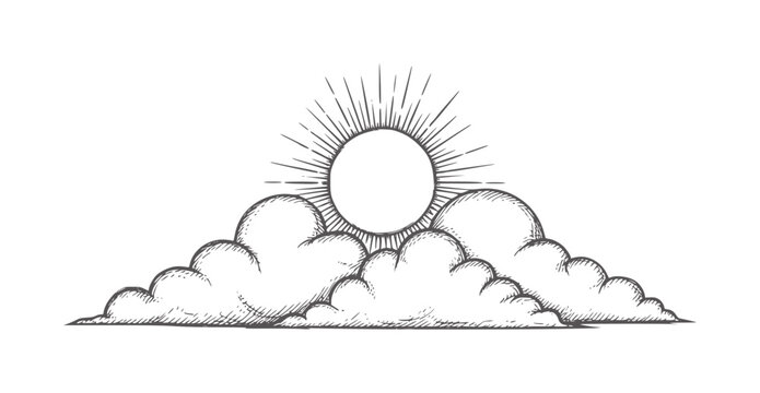 Vintage sunburst behind fluffy clouds retro