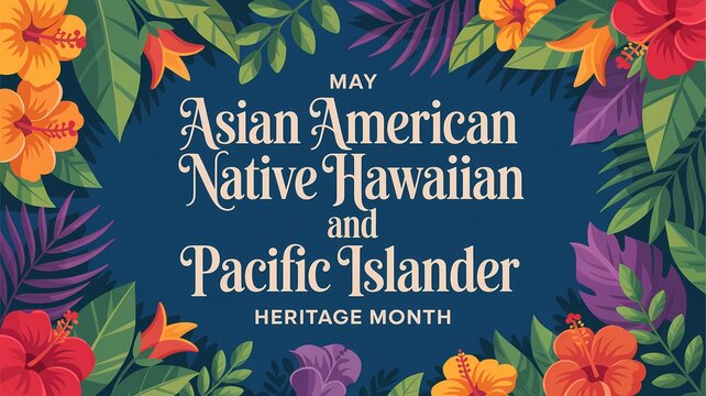Asian american native hawaiian and pacific islander heritage month celebration background with tropical flowers and leaves