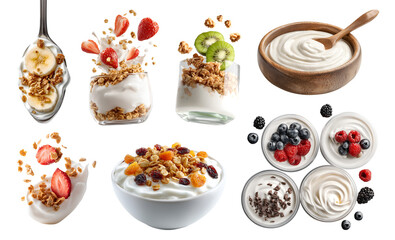 Set of fermented yoghurt yogurt nutrient-dense dairy, with fruit nut granola oats seed, fly swirl splash, spoon bowl, flavoured, transparent cutout PNG. Many style for Mockup