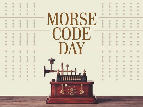 Vintage telegraph machine on wooden table with morse code background for morse code day celebration